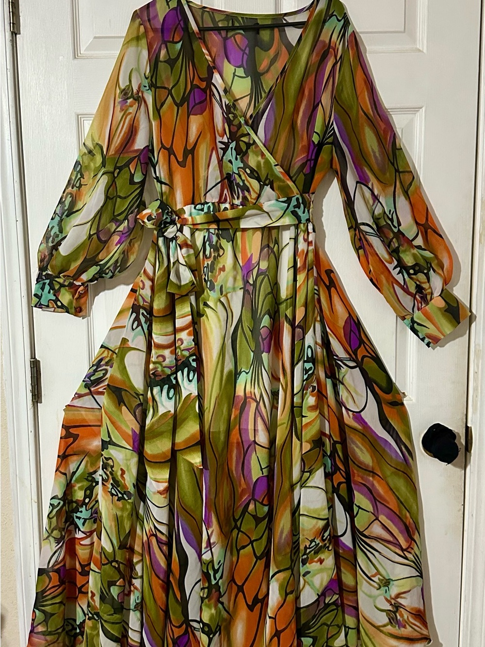 Abstract Floral Wrap Maxi Dress - Olive & Orange